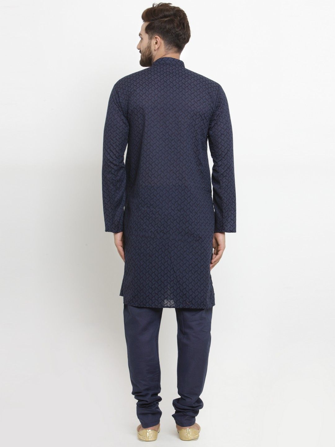 Jompers Men Navy Blue Embroidered  Kurta with Churidar