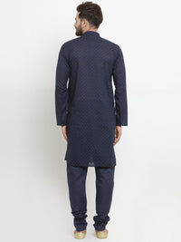 Jompers Men Navy Blue Embroidered  Kurta with Churidar