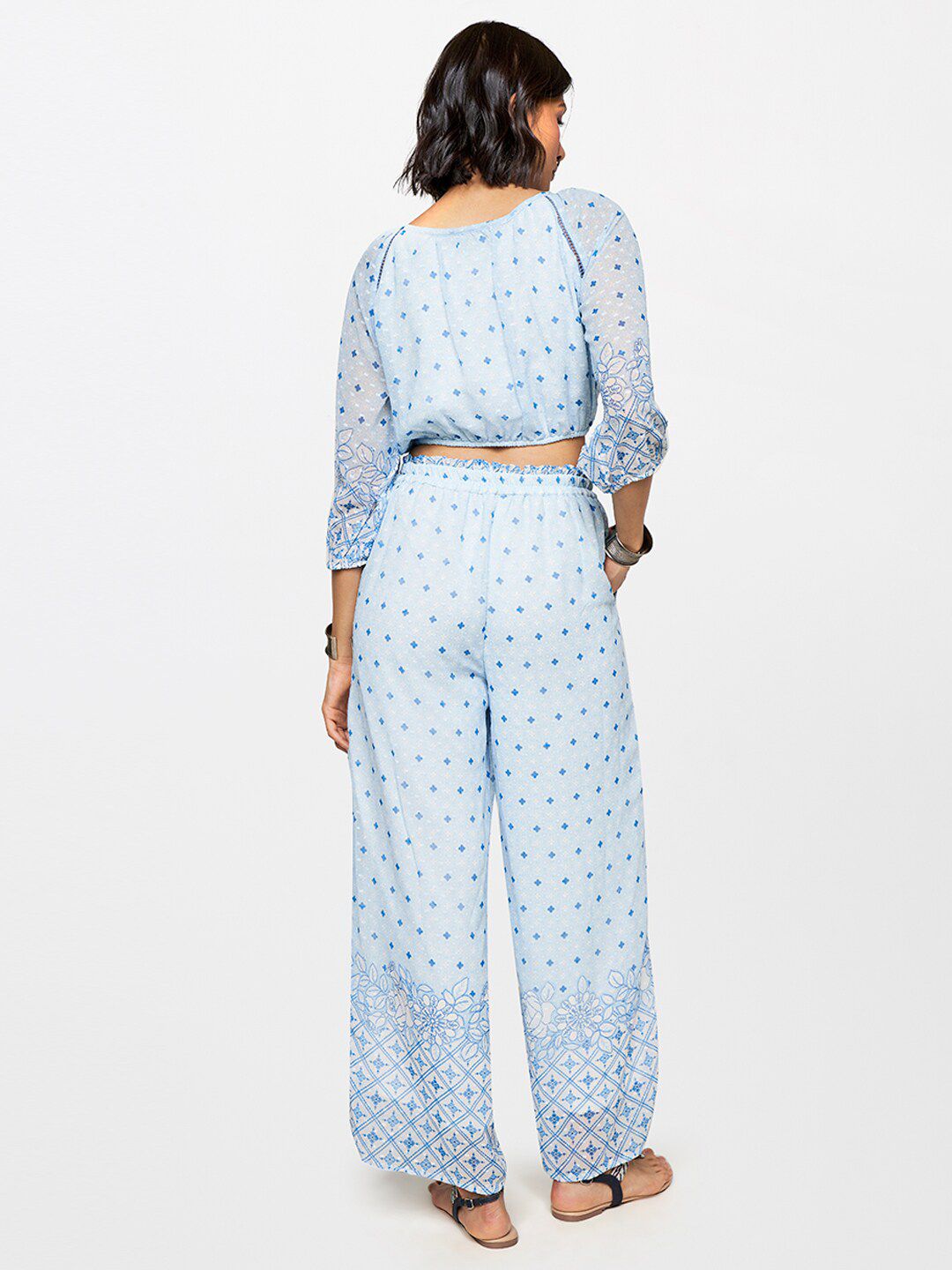 Global Desi Printed Tie-Up Neck Puff Sleeves Top with Trousers