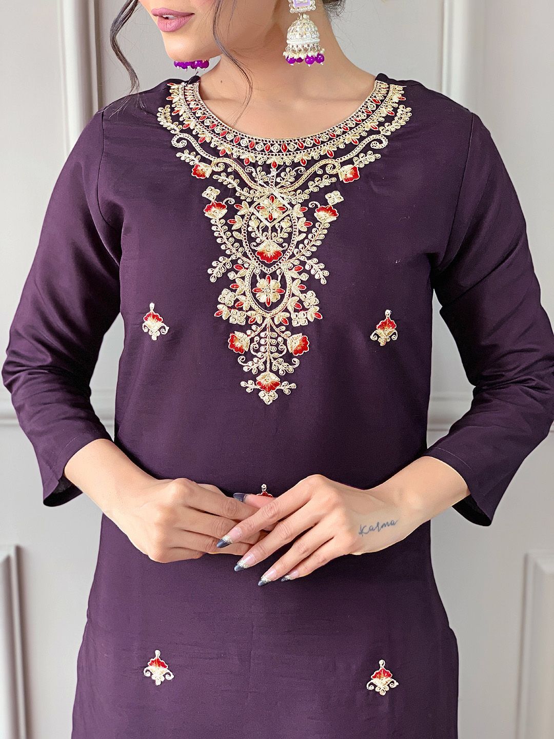 KALINI Floral Embroidered Round Neck Three-Quarter Sleeves Kurta Set