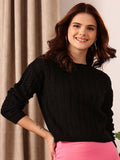 STREET 9 Black Cable Knit Self Design Acrylic Pullover Sweater