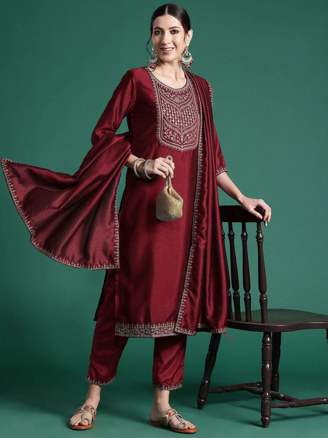 Indo Era Ethnic Motifs Yoke Design Sequinned Kurta with Trousers & Dupatta