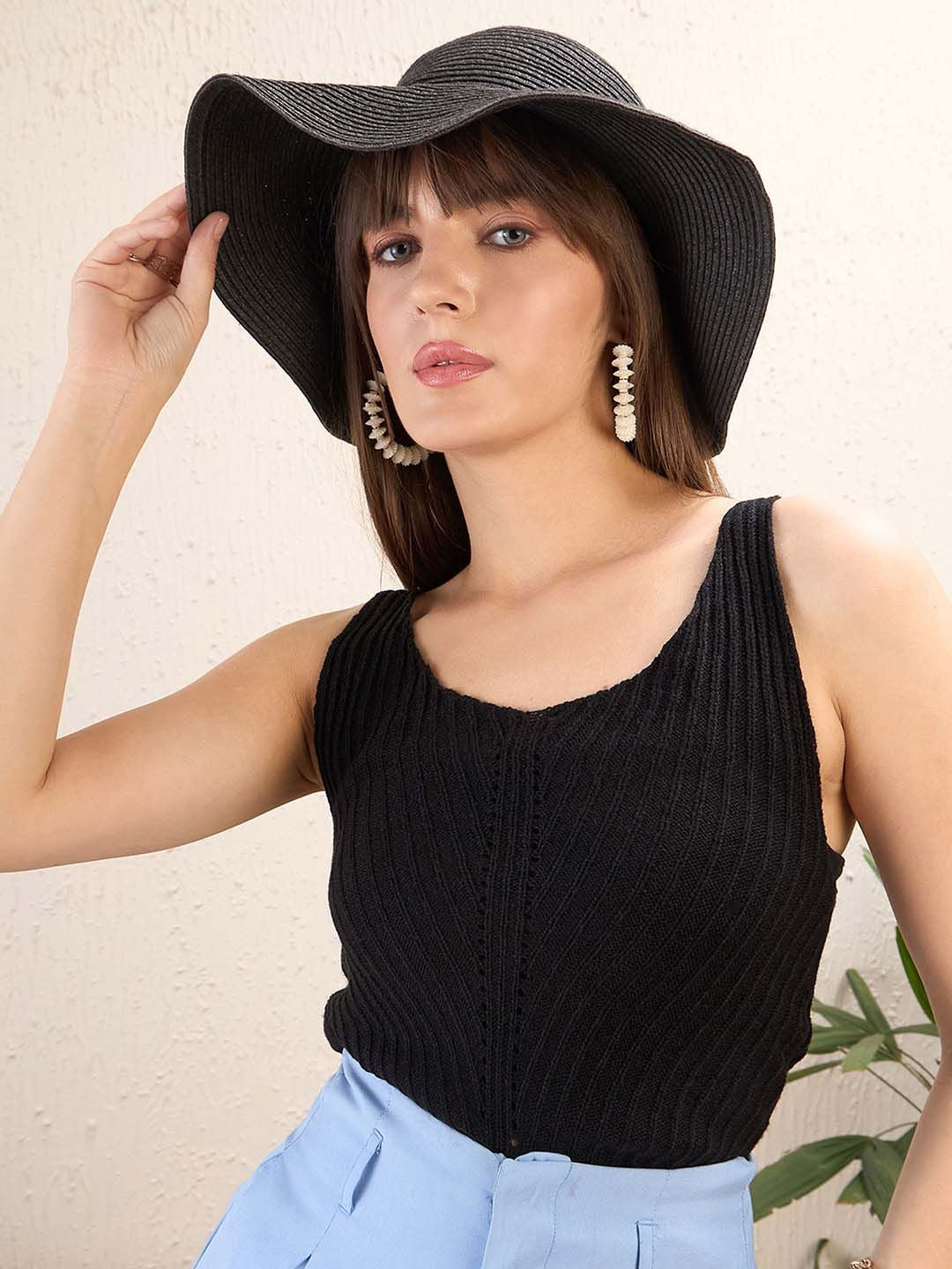 SASSAFRAS Self Design Striped Sleeveless Crochet Top