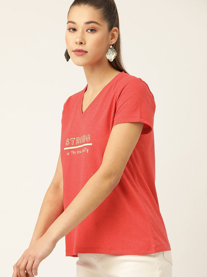 DressBerry Women Red Typography Printed V-Neck T-shirt