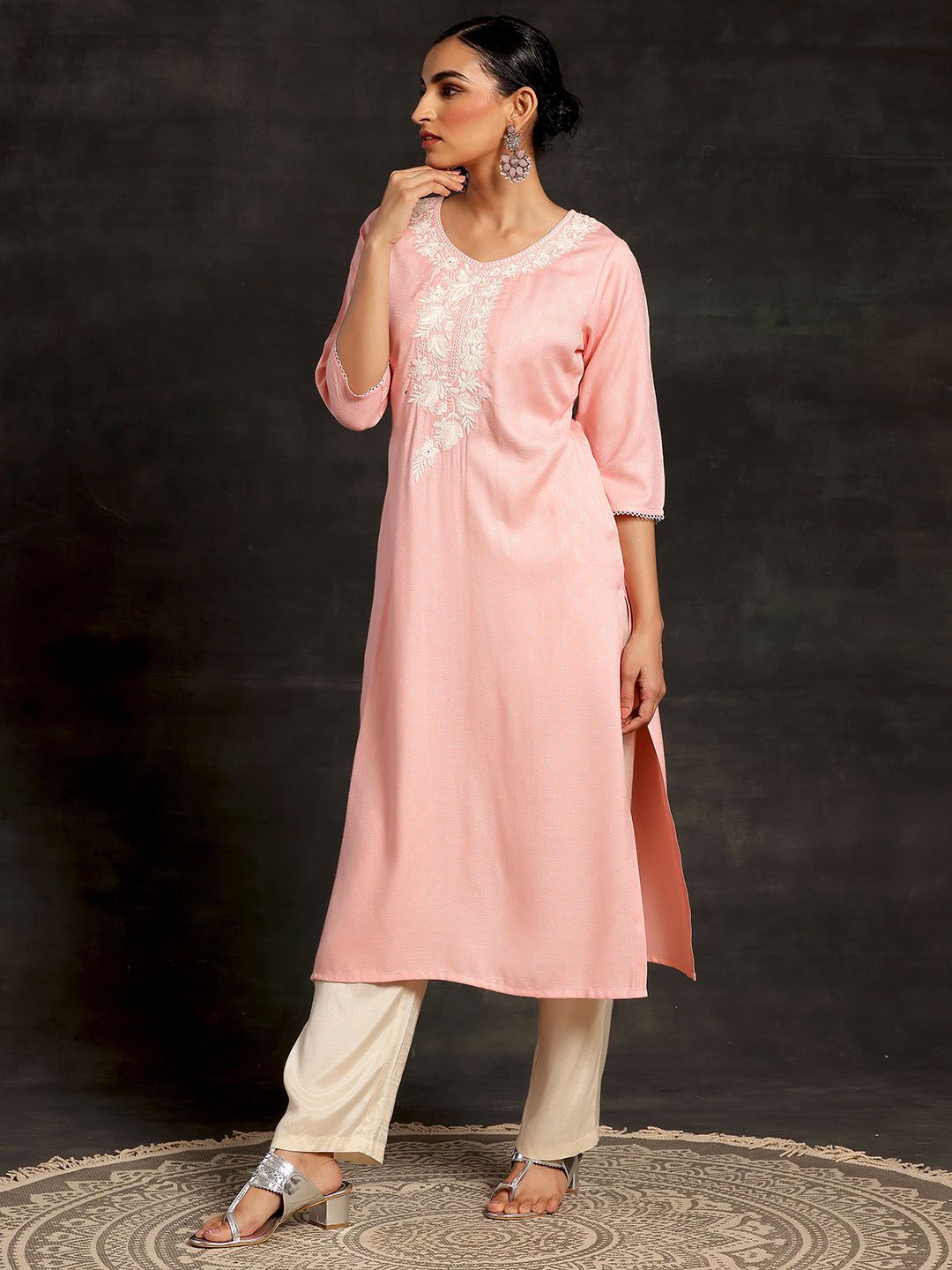 Libas Embroidered V Neck Three Quarter Sleeves Thread Work Dobby Kurta