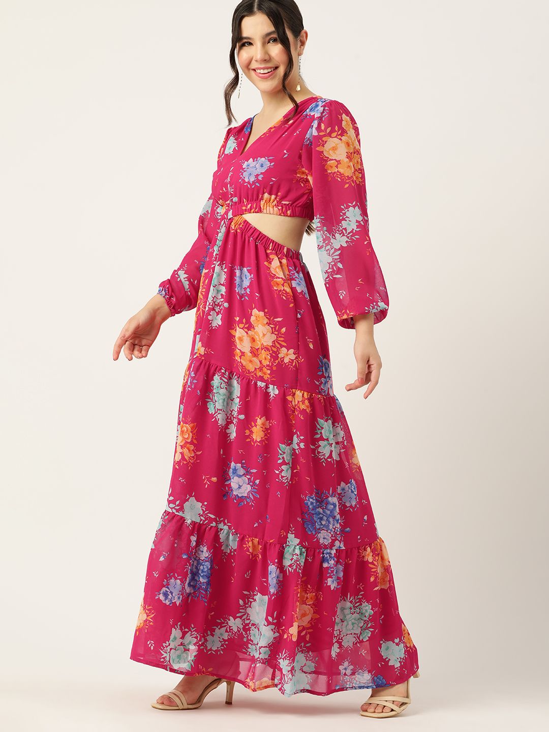 DressBerry Floral Print Cut-Outs Tiered Maxi Dress