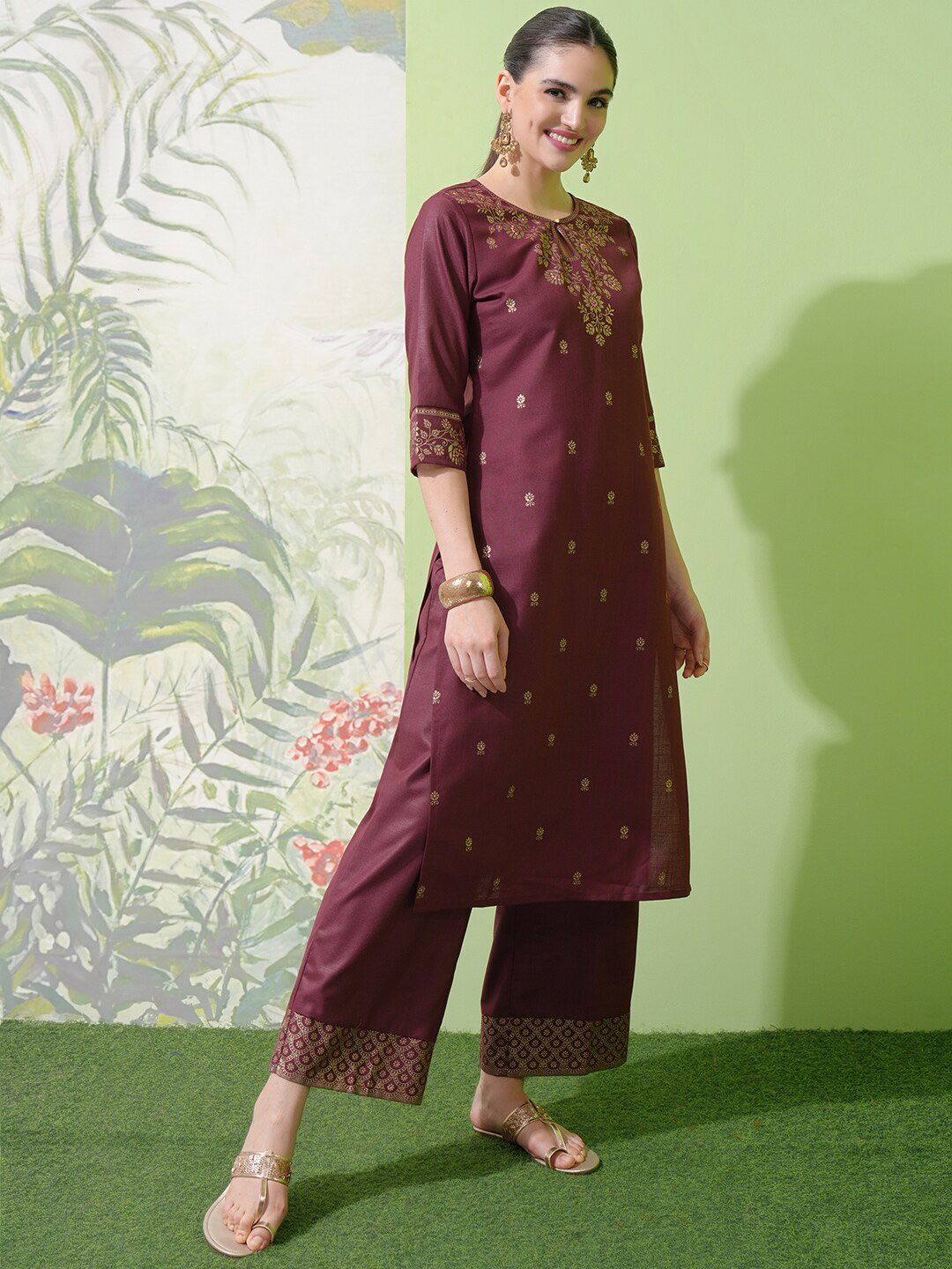Vishudh Burgundy Floral Woven Design Straight Kurta With Palazzos & Dupatta