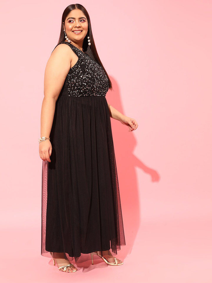 CURVY STREET Black Plus Size Embellished Net Maxi Dress