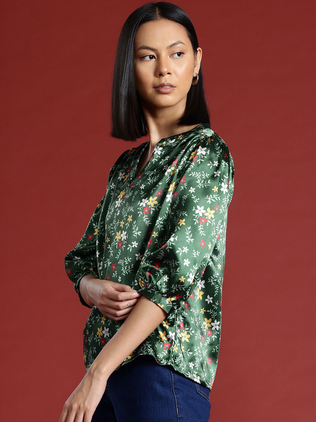 all about you Floral Print Satin Finish Mandarin Collar Puff Sleeve Top