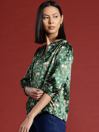 all about you Floral Print Satin Finish Mandarin Collar Puff Sleeve Top