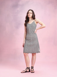 DressBerry Geometric Self-Design Shoulder Straps Crochet A-Line Dress with Side Slit