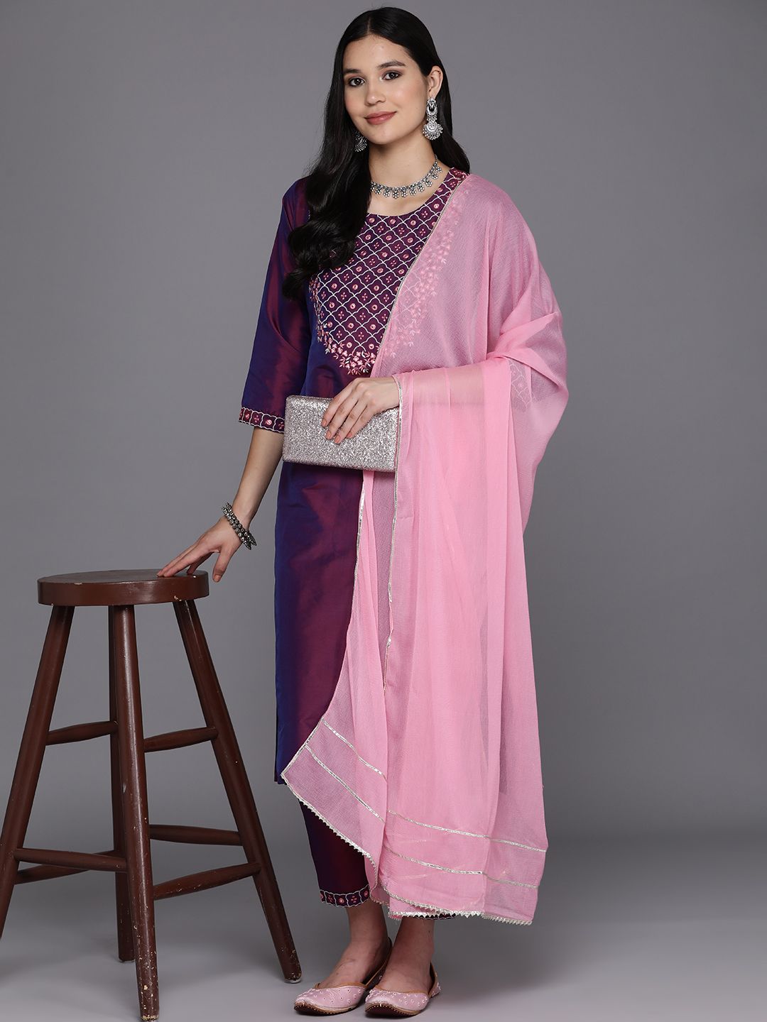 Libas Floral Embroidered Regular Mirror Work Kurta With Trousers & Dupatta