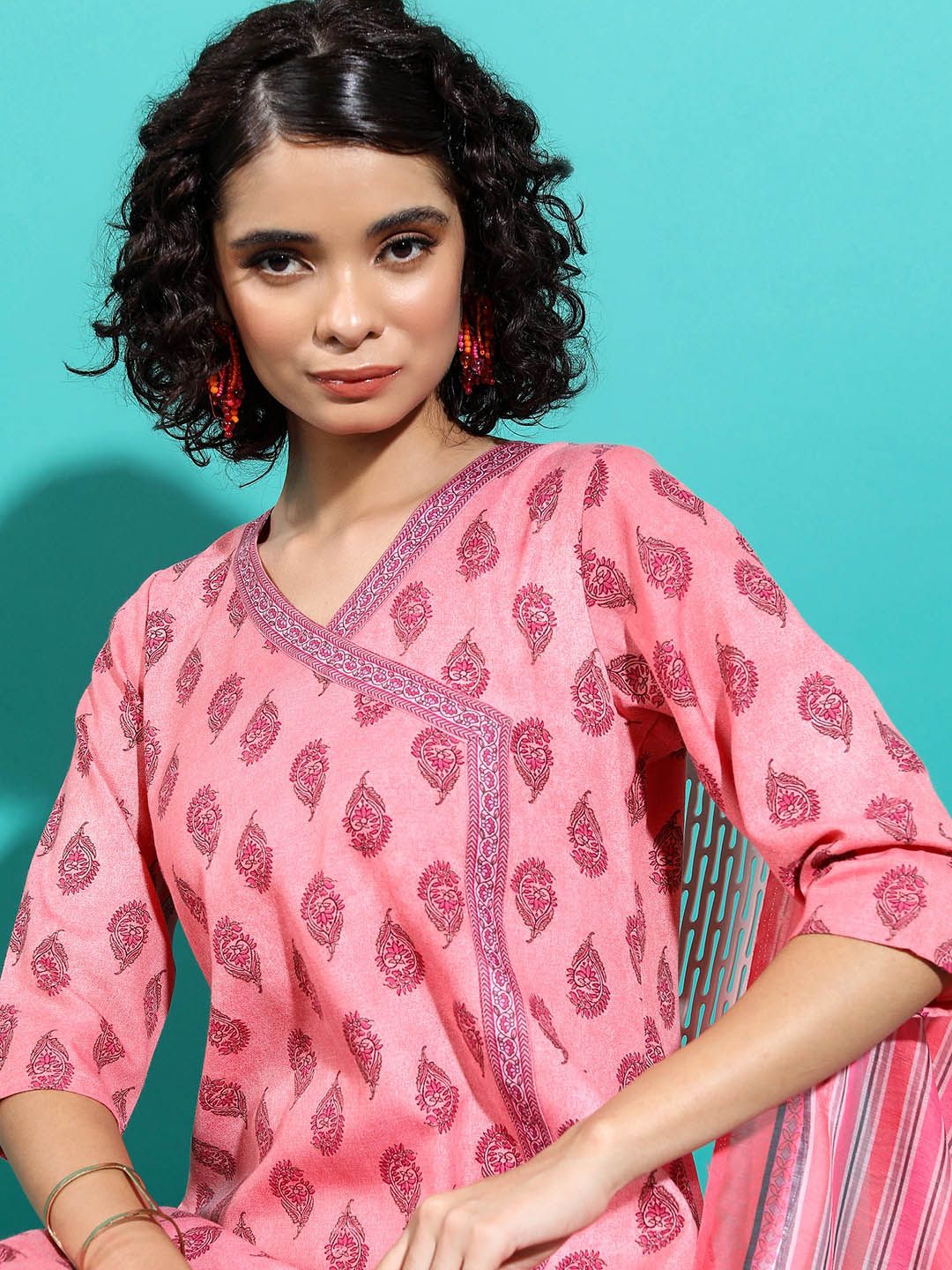 Vishudh Floral Printed Angrakha A-Line Kurta & Trousers With Dupatta