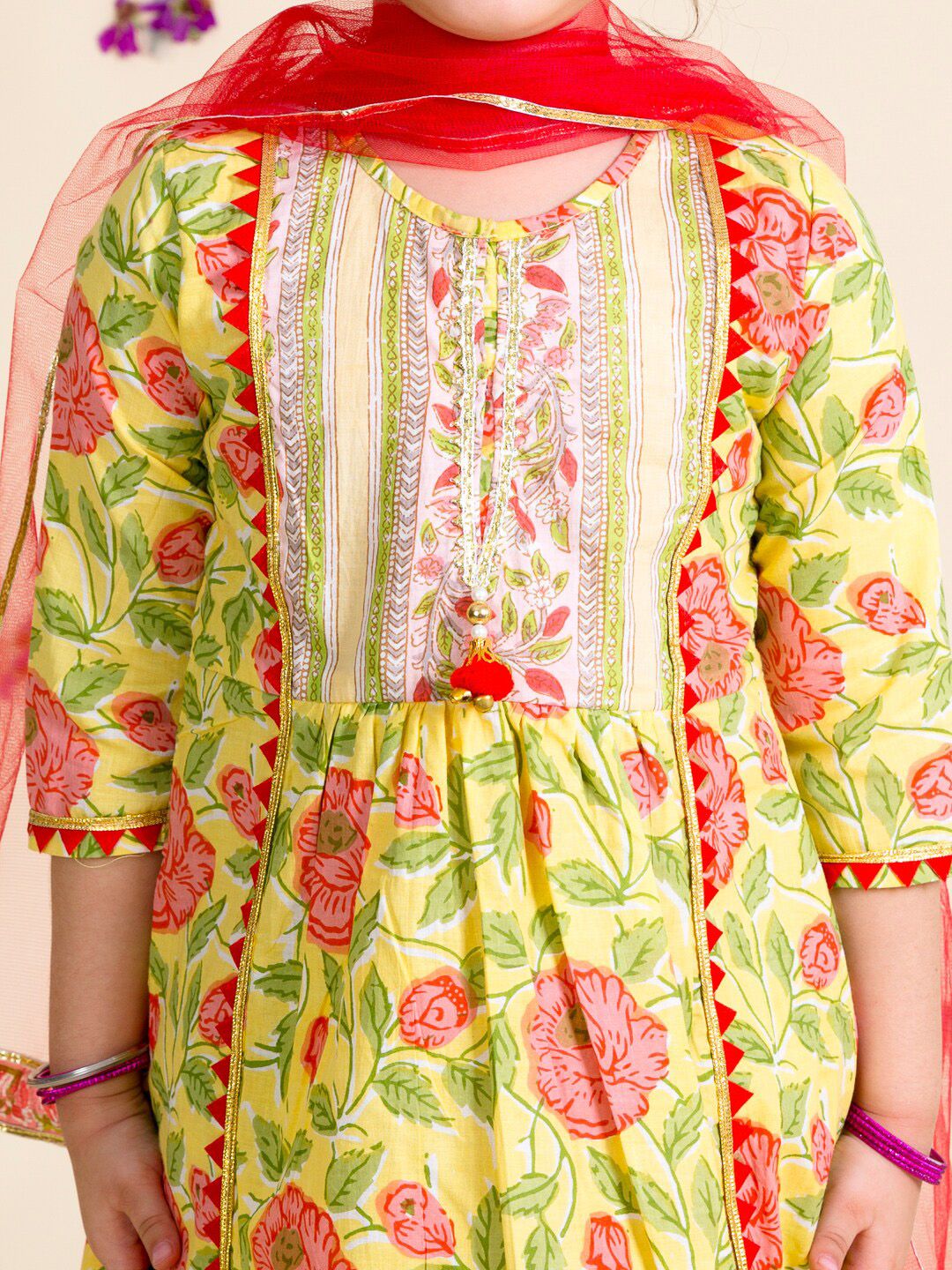 pspeaches Girls Yellow Floral Printed Pleated Pure Cotton Kurta with Sharara & With Dupatta