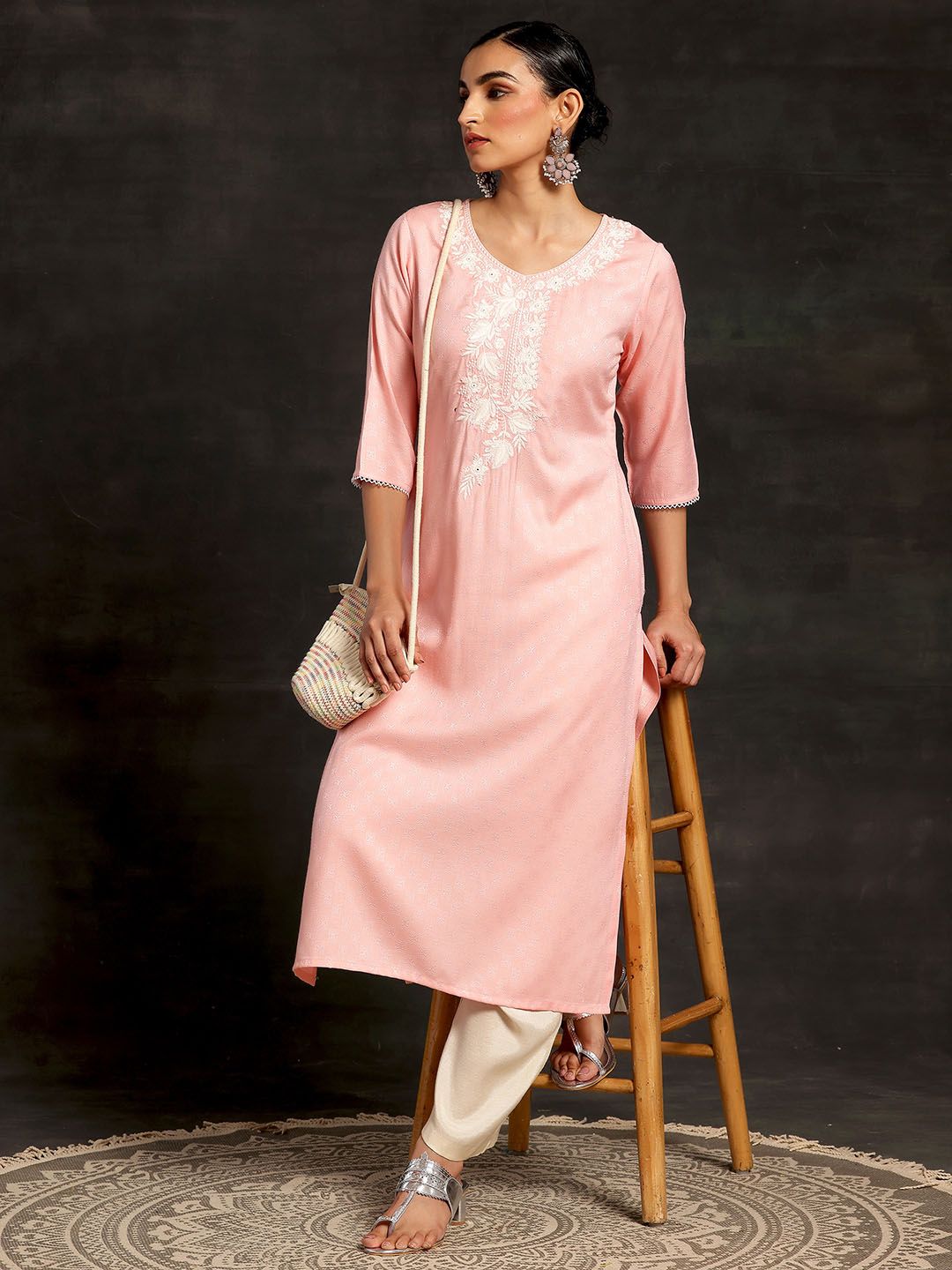Libas Embroidered V Neck Three Quarter Sleeves Thread Work Dobby Kurta
