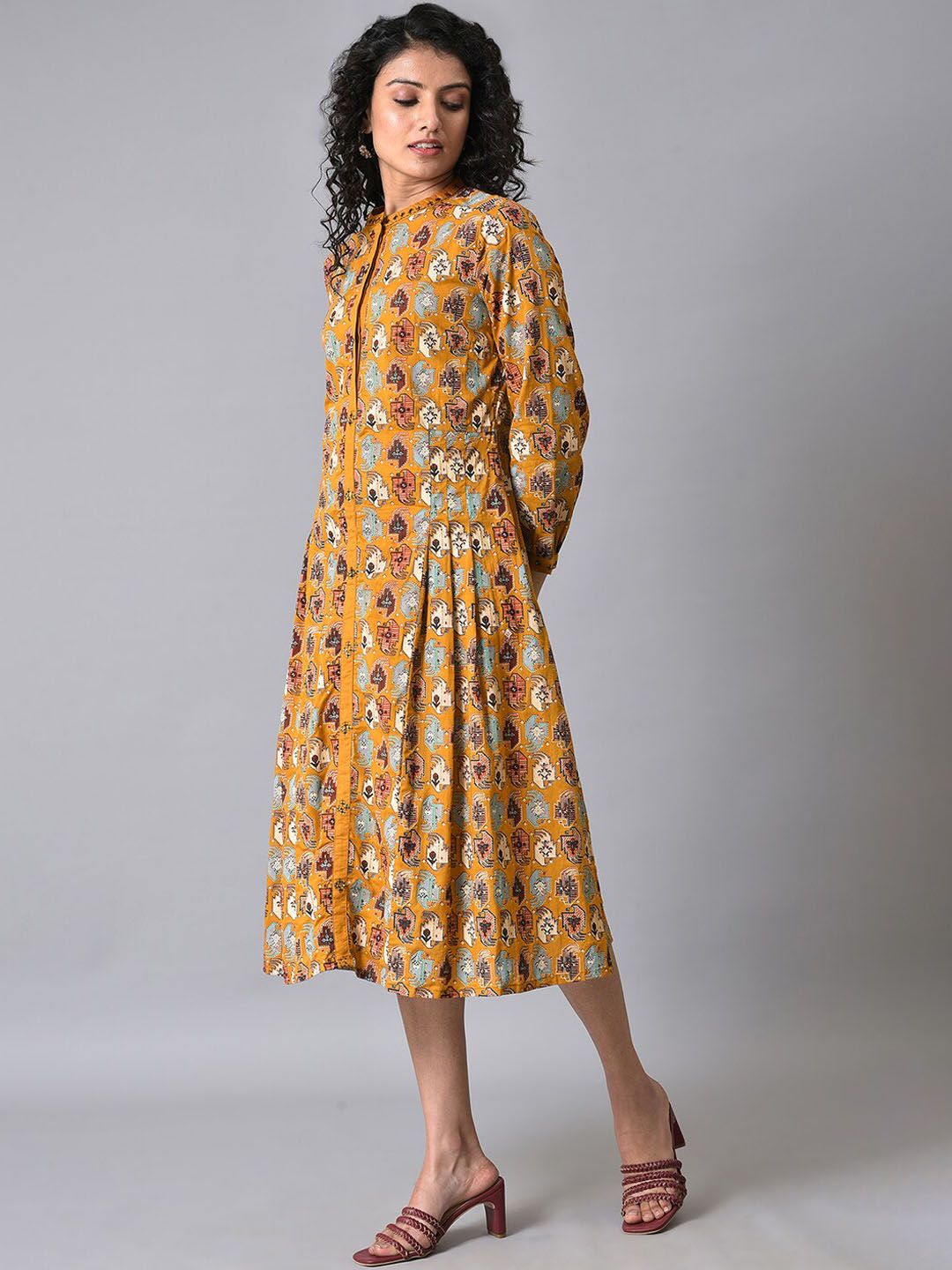 W Mandarin Collar Geometric Printed A-Line Cotton Dress