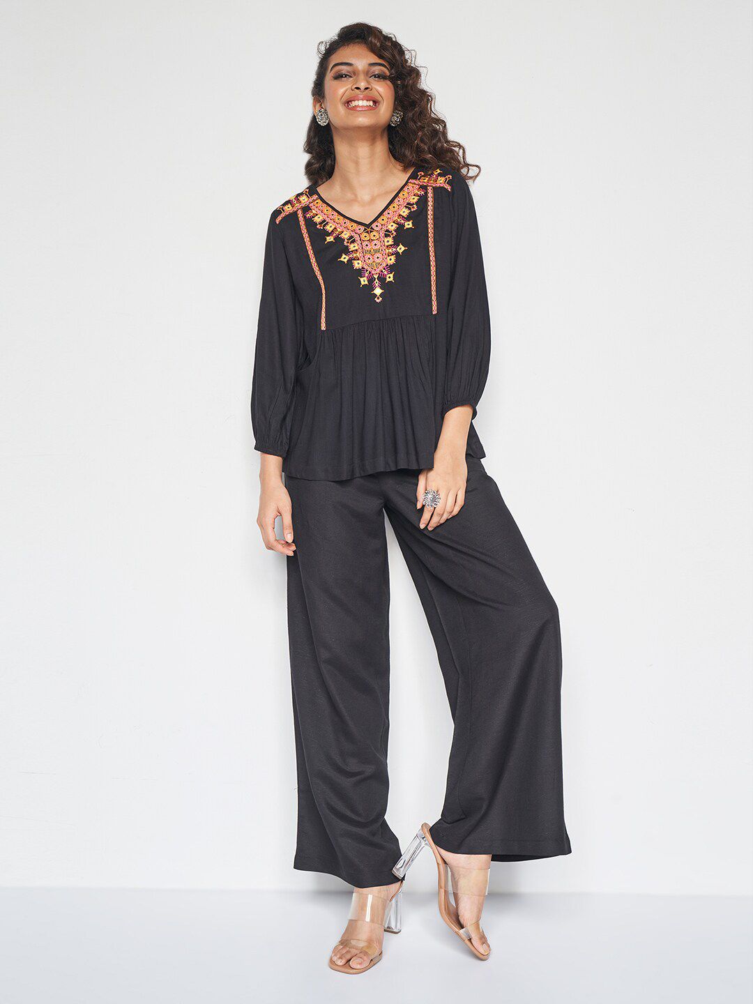 Global Desi Floral Embroidered A-Line Top