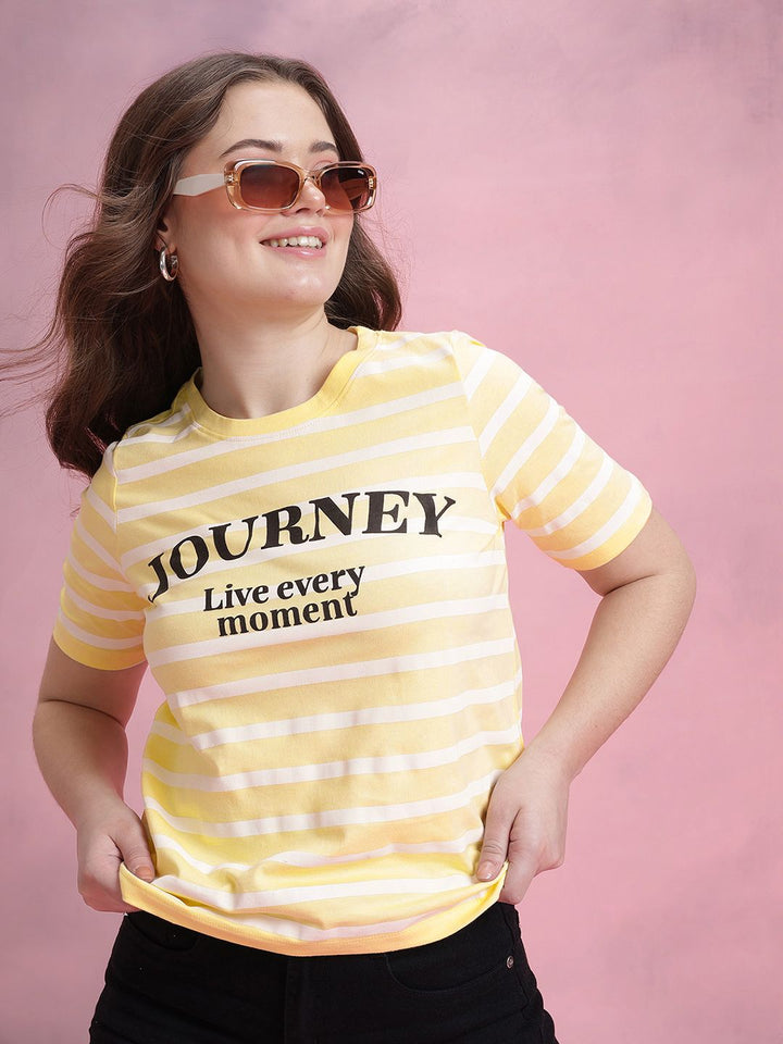DressBerry Striped Typography Printed Pure Cotton T-shirt
