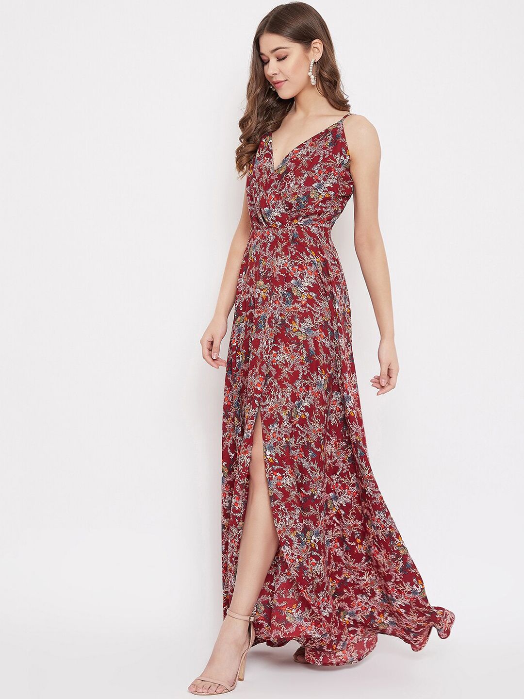 Berrylush Maroon Floral Printed Maxi Dress