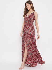 Berrylush Maroon Floral Printed Maxi Dress