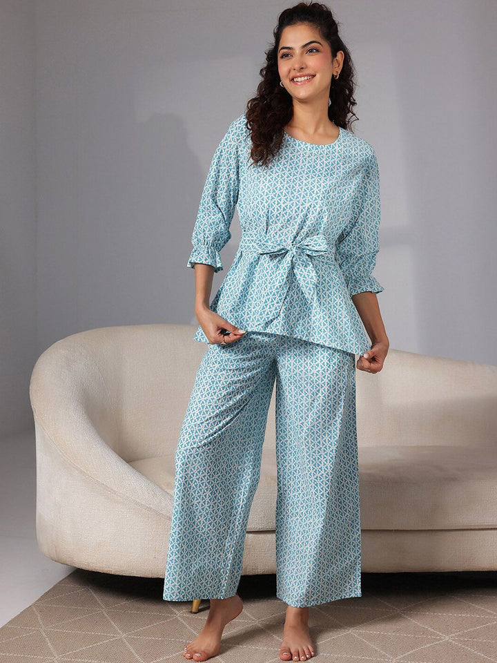 Libas Floral Geometric Printed Pure Cotton Bell Sleeves Tie Up Night Suit