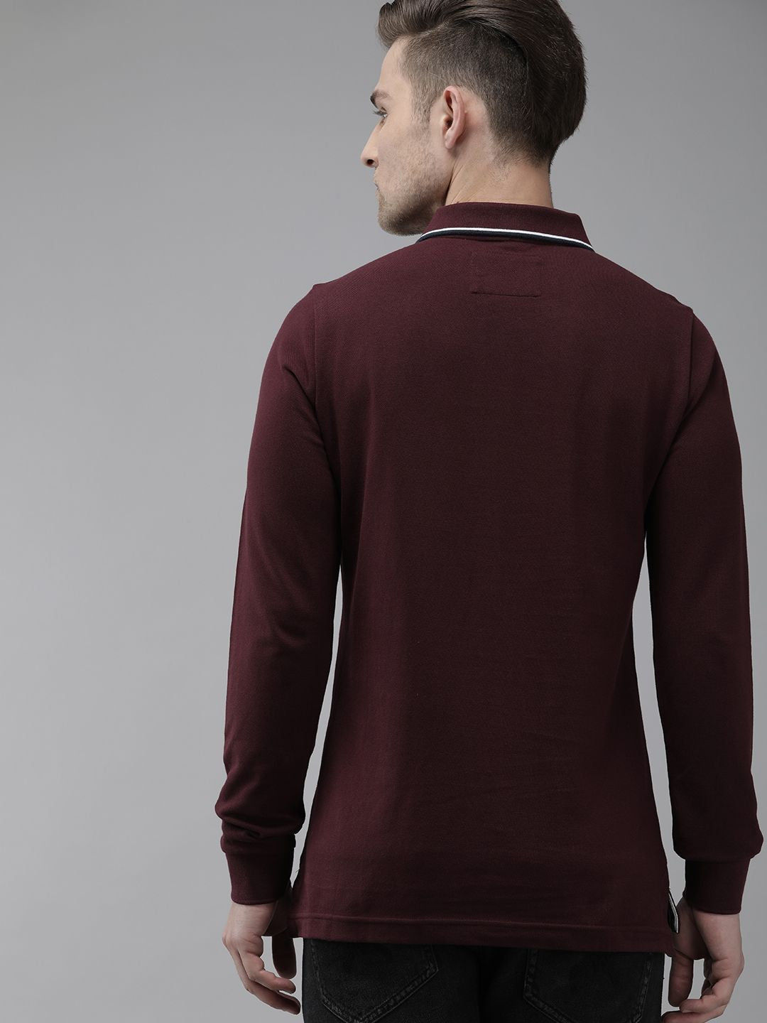 THE BEAR HOUSE Men Maroon Polo Collar Cuffed Sleeves Cotton Applique Slim Fit T-shirt