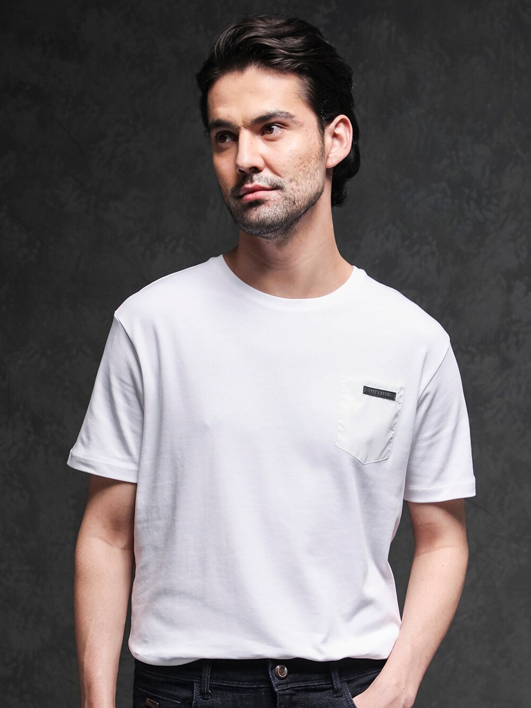 RARE RABBIT Men Azul Round Neck Cotton Slim Fit T-Shirt