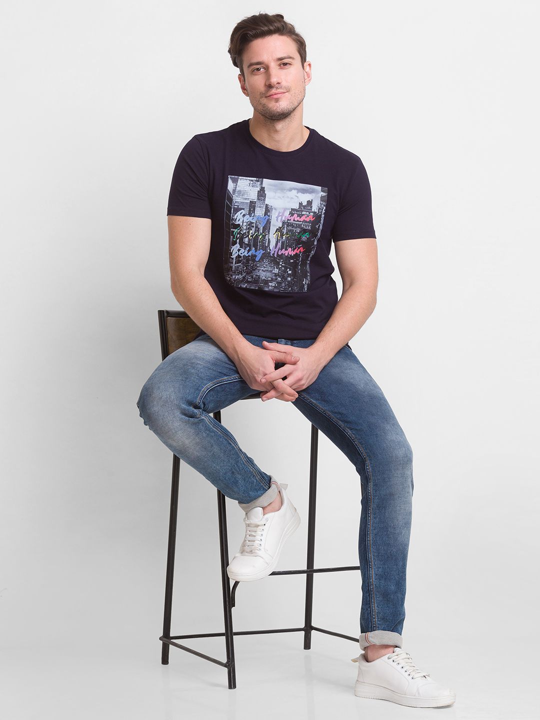 Being Human Men Navy Blue Printed T-shirt