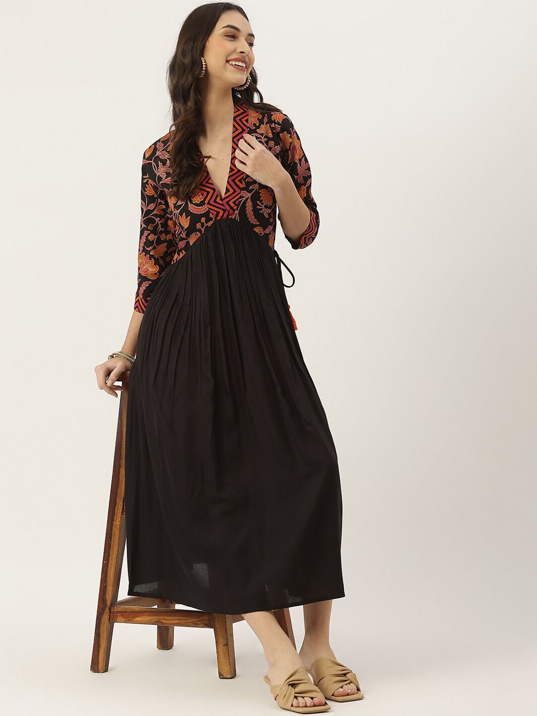 Rustorange Black Ethnic Motifs A-Line Gathered Midi Dress