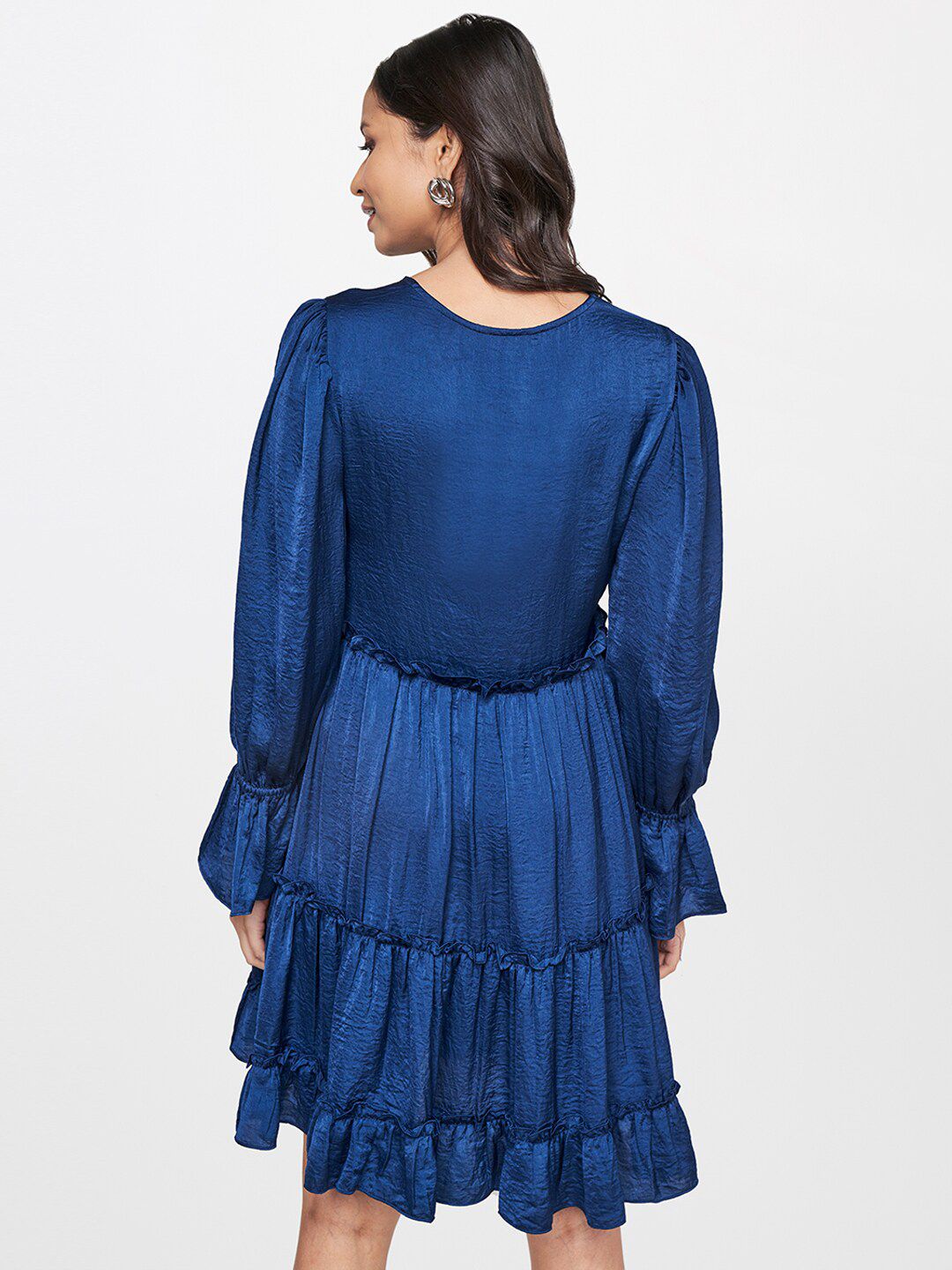 AND Navy Blue Solid Tiered Bell Sleeves Dress