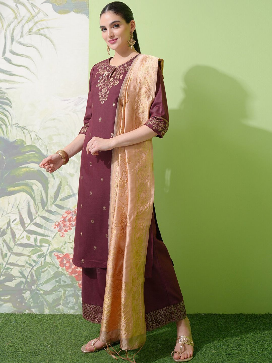Vishudh Burgundy Floral Woven Design Straight Kurta With Palazzos & Dupatta
