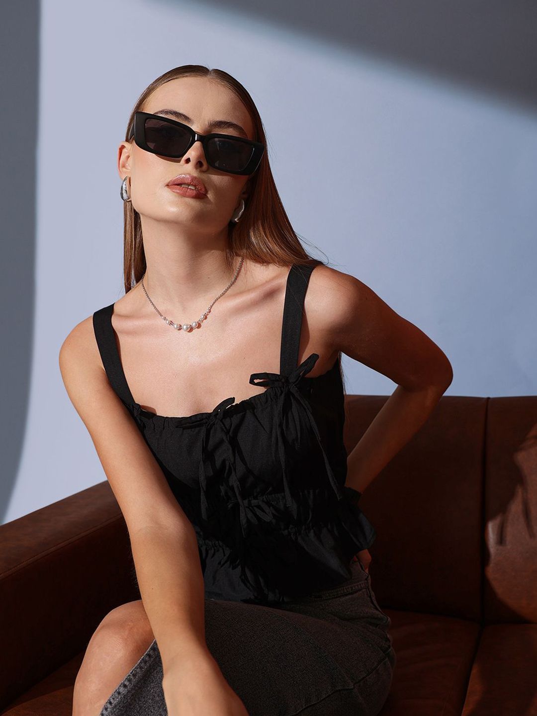 STREET 9 Sleeveless Pure Cotton Cinched Waist Crop Top