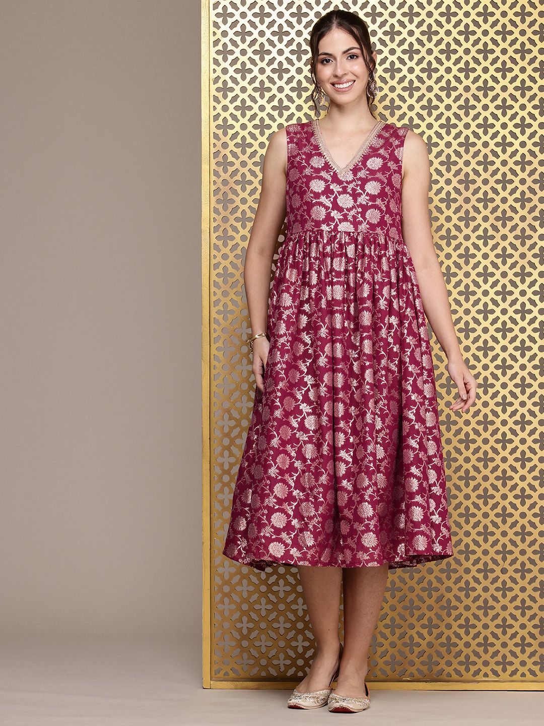 House of Pataudi Floral Embroidered A-Line Midi Jashn Dress