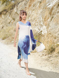 W Blue & White Tie and Dye Dyed Batwing Sleeve A-Line Midi Dress