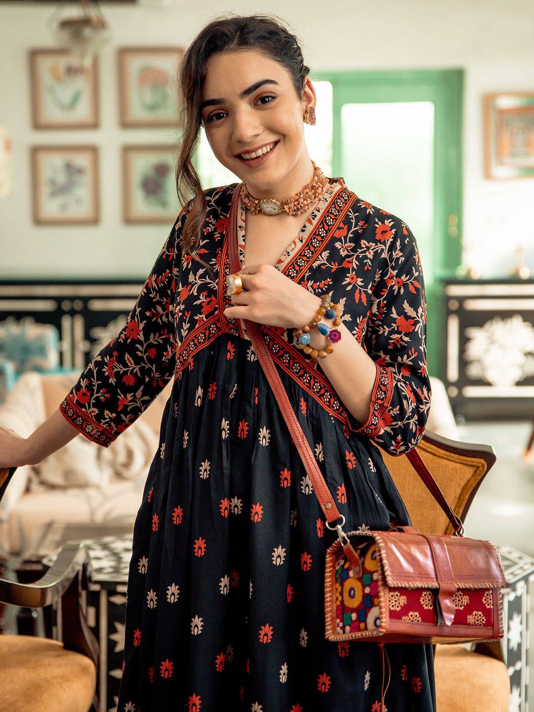 Rustorange Black & Orange Ethnic Motifs Printed Maxi Dress