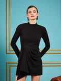 SASSAFRAS Black Self Design Gathered Detail High Neck Sheath Dress