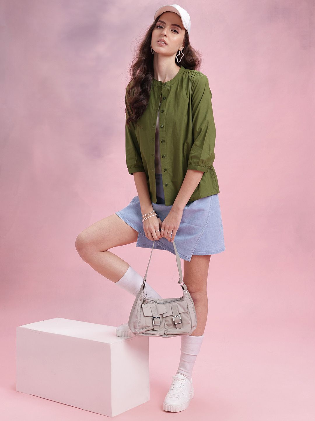 DressBerry Mandarin Collar Puff Sleeve Shirt Style Top with Gathered Details