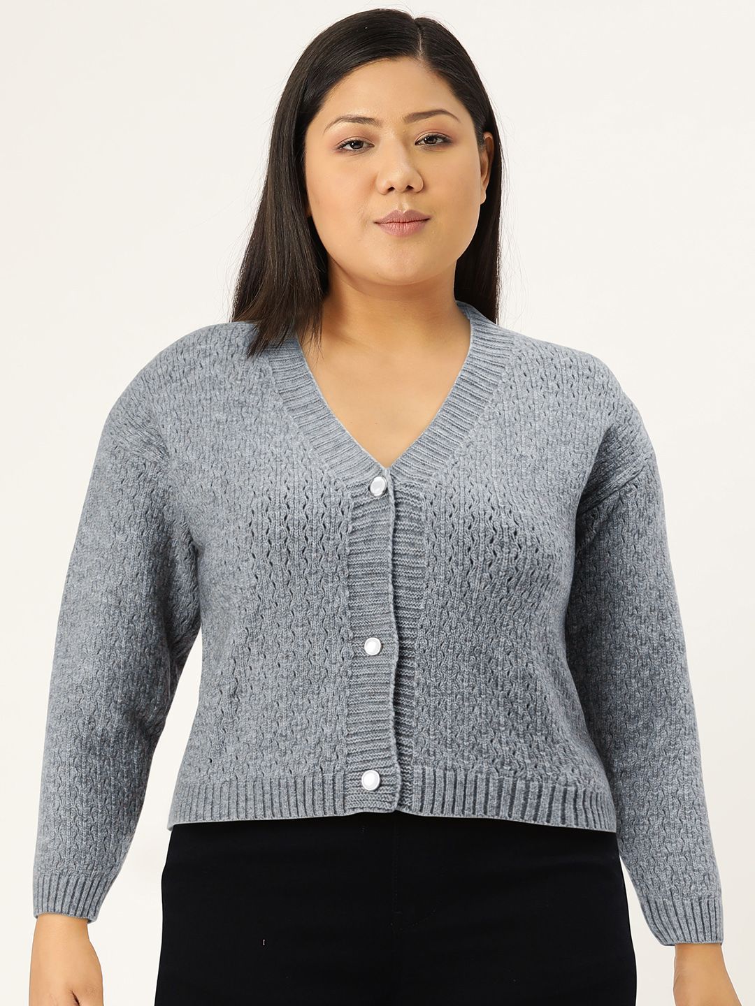 AND Self Design Knitted Drop Shoulder Sleeves Crop Top With Inner Slip