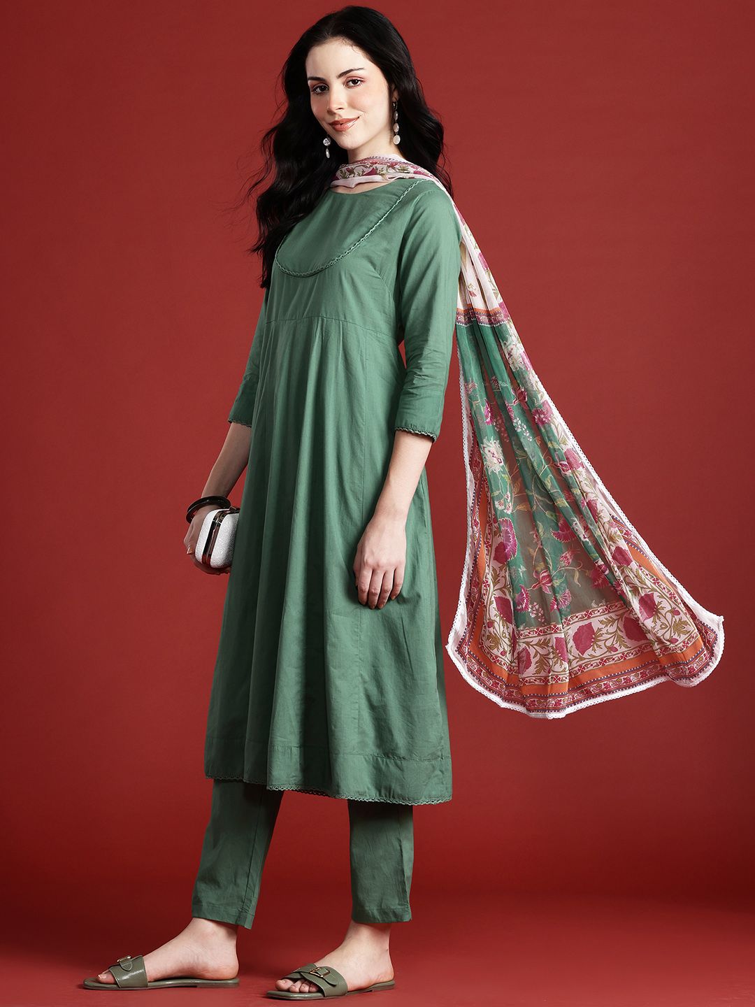 Anouk Panelled Kurta with Trousers & Dupatta