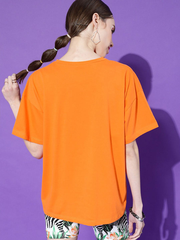 STREET 9 Women Orange Printed Oversized Pure Cotton Outdoor T-shirt