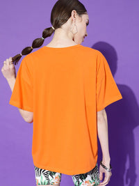 STREET 9 Women Orange Printed Oversized Pure Cotton Outdoor T-shirt