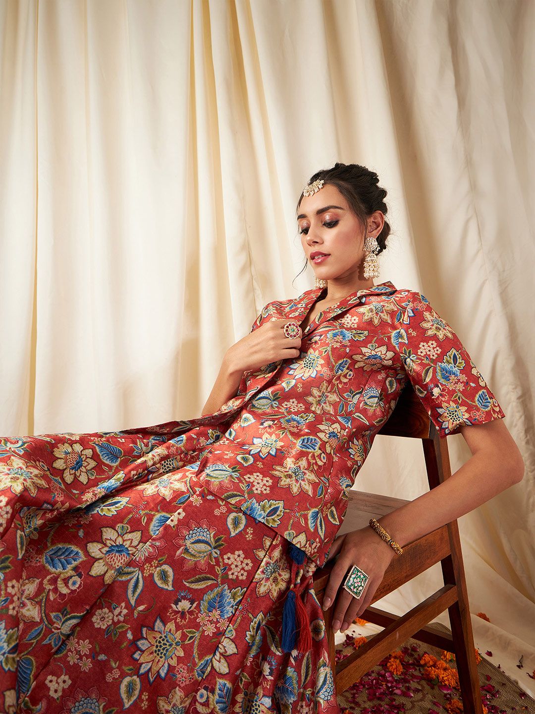 Shae by SASSAFRAS Women Rust Orange Floral Printed Single Breasted Blazer