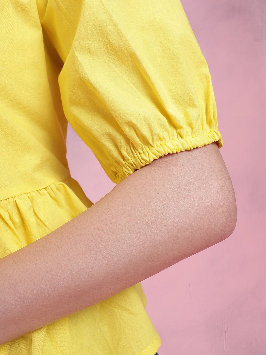 DressBerry Tie-Up Neck Puff Sleeve Pure Cotton A-Line Top