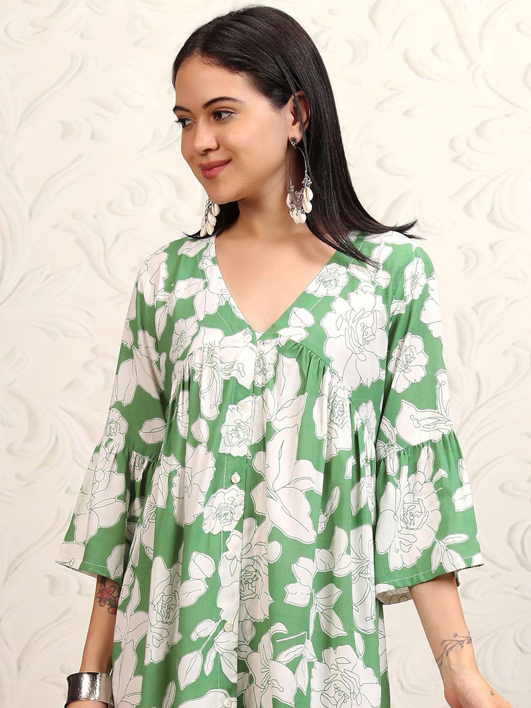 Vishudh Floral Print Flared Sleeve A-Line Dress