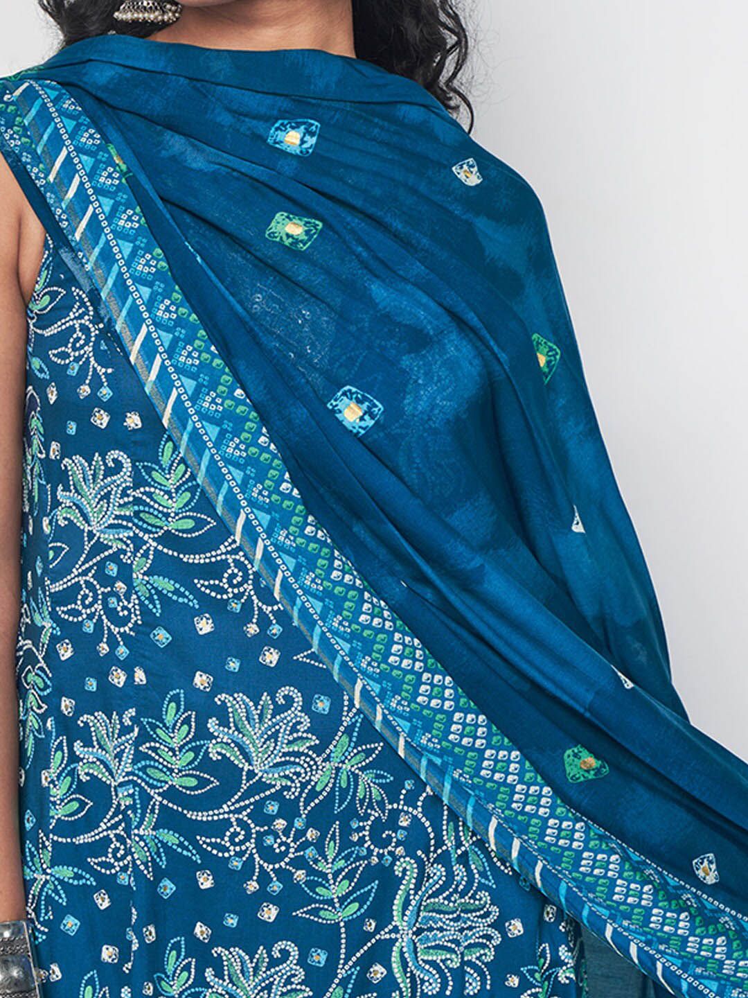 Global Desi V-Neck Floral Printed A-Line Kurta with Trouser & Dupatta