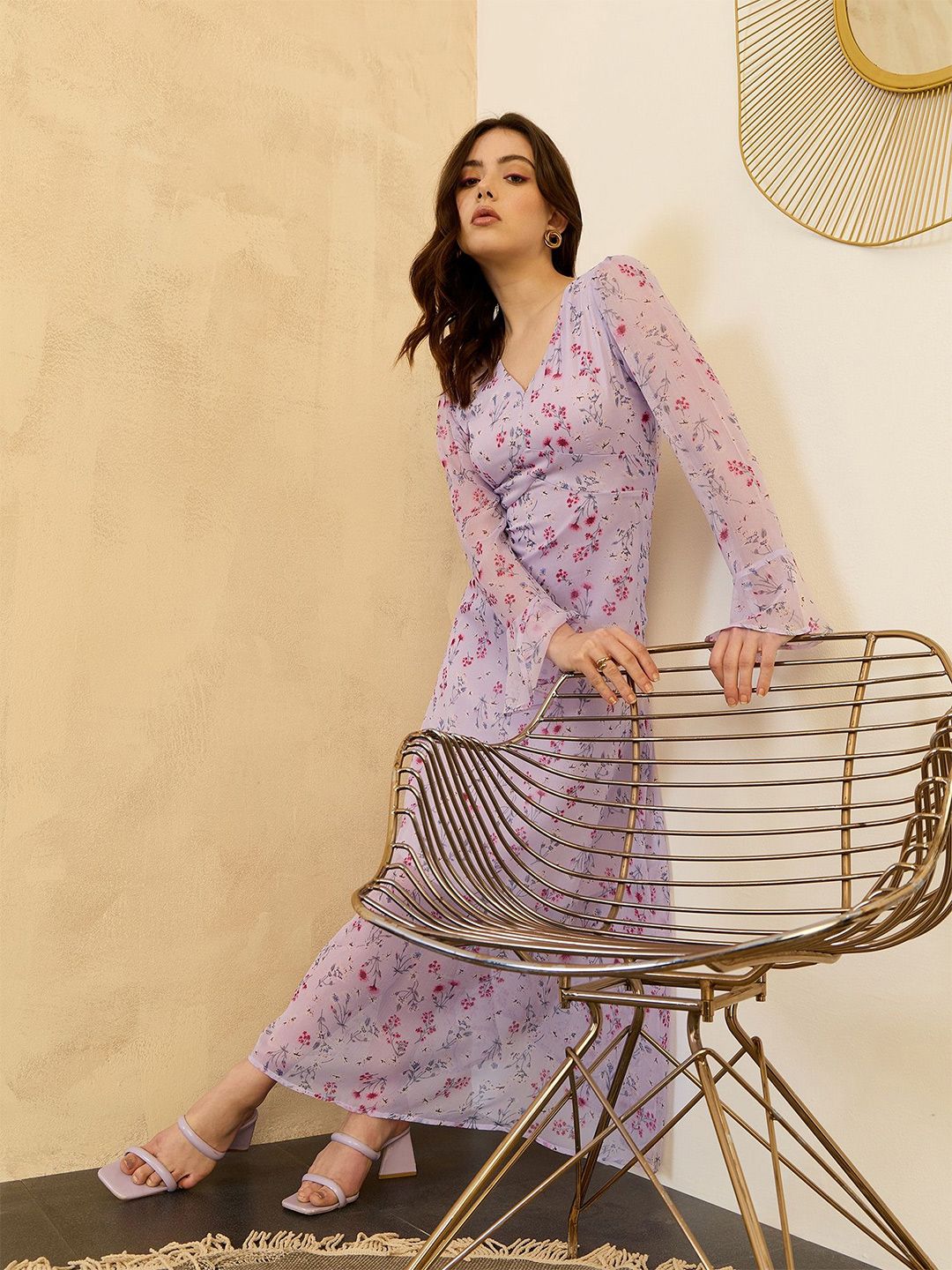 Berrylush Floral Printed Bell Sleeve Chiffon A-Line Maxi Dress