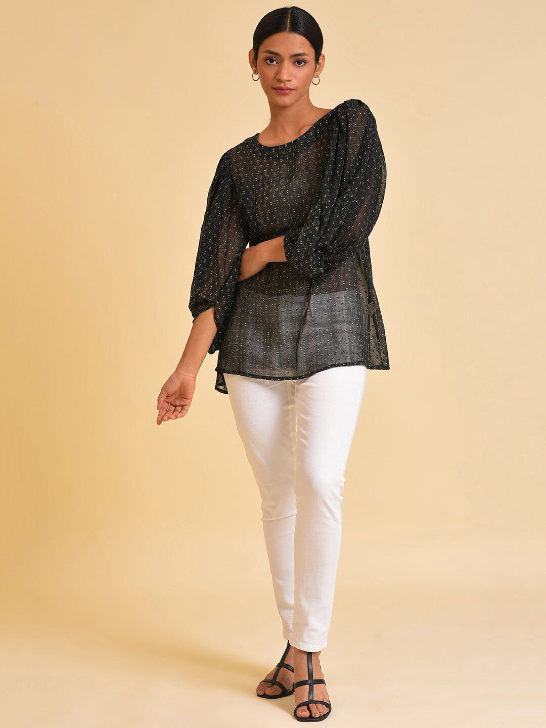 W Black Self Design Puff Sleeves Top
