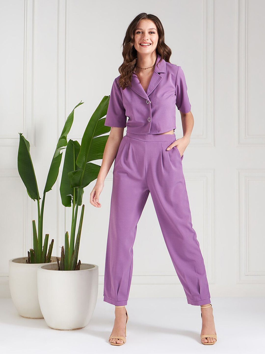 Athena Lavender Lapel Collar Short Sleeves Crop Blazer