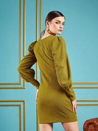 SASSAFRAS Olive Self Design Puff Sleeves Gathered Detail Sheath Dress
