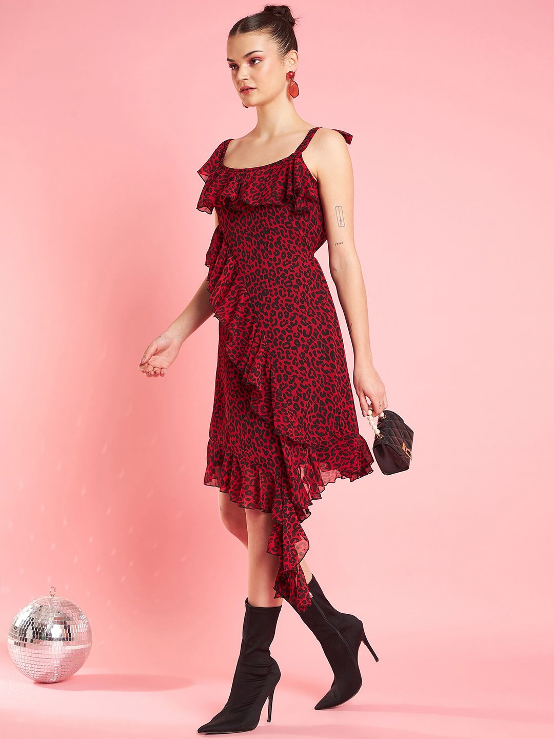 Antheaa Print Shoulder Straps Layered Chiffon Sheath Dress